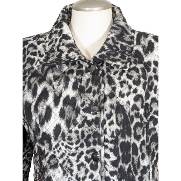 Chicos New Womens Jacket Black Gray Cheetah Quilted Snap Button Coat Size 2P MP - Picture 2 of 11